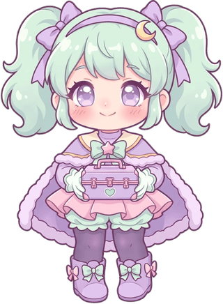 ミントグリーンの髪のガイドキャラクターが、道具箱をかかえて迎えているイラスト